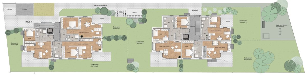 Erdgeschoss Haus 1 + 2 mit Aussenanlagen
